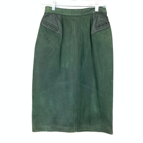 Vintage 80s Pencil Skirt Womens Apx Size 25" US 0 Dark Green Leather *FLAWS - Picture 1 of 7